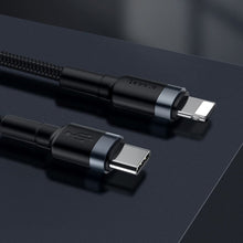 Заредете изображение във визуализатора на галерията – Baseus Cafule Cable Durable Nylon Braided Wire USB Type C PD / Lightning 18W QC3.0 1m black-grey (CATLKLF-G1) - TopMag

