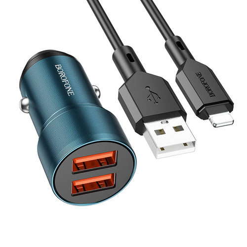 Borofone Car charger BZ19 Wisdom - 2xUSB - 12W with USB to Lightning cable blue