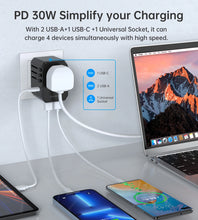 Заредете изображение във визуализатора на галерията – Choetech PD6041 USB-C USB-A PD 30W Travel Charger with 4 US EU UK AU Plugs - Black
