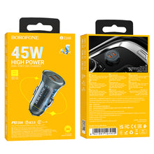 Заредете изображение във визуализатора на галерията – Borofone Car charger BZ26B Discovery - 2xType C - PD 45W 3A transparent-blue

