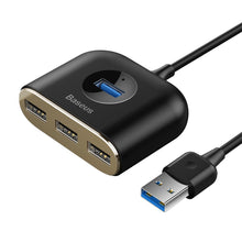 Заредете изображение във визуализатора на галерията – Baseus Square round 4 in 1 USB HUB Adapter (USB3.0 TO USB3.0 * 1 + USB2.0 * 3) 1m Black (CAHUB-AY01) - TopMag
