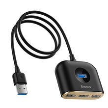 Заредете изображение във визуализатора на галерията – Baseus Square round 4 in 1 USB HUB Adapter (USB3.0 TO USB3.0 * 1 + USB2.0 * 3) 1m Black (CAHUB-AY01) - TopMag
