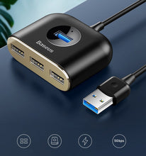 Заредете изображение във визуализатора на галерията – Baseus Square round 4 in 1 USB HUB Adapter (USB3.0 TO USB3.0 * 1 + USB2.0 * 3) 1m Black (CAHUB-AY01) - TopMag
