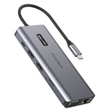 Заредете изображение във визуализатора на галерията – Choetech multifunctional HUB with display 12in1 USB-C to USB-C / USB-A / HDMI / VGA / AUX / SD / TF gray (HUB-M26)
