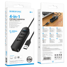 Заредете изображение във визуализатора на галерията – Borofone Adapter DH5 Erudite 4 in 1 - USB to 4xUSB 3.0 - 0,2 metres black
