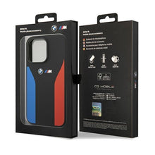 Заредете изображение във визуализатора на галерията – BMW Silicone Blue&amp;Red Stripes M Collection case for iPhone 15 Pro Max - black
