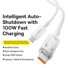 Заредете изображение във визуализатора на галерията – BASEUS cabel Type C to Type C Explorer Fast Charging 100W 2m stellar white P10319703221-00 / CB000043
