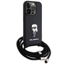 Заредете изображение във визуализатора на галерията – Original Pouch KARL LAGERFELD hardcase Crossbody Saffiano Monogram Metal Pin Karl&amp;Choupette KLHCP15LSASKNPSK for Iphone 15 Pro Black
