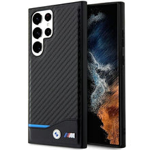 Заредете изображение във визуализатора на галерията – Original faceplate case BMW BMHCS23L22NBCK for SAMSUNG S23 Ultra (Carbon Case Bottom Horizontal Blue Line and Metal Logo / black)
