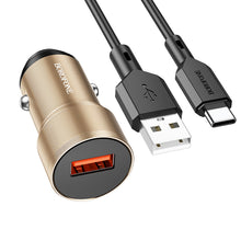 Заредете изображение във визуализатора на галерията – Borofone Car charger BZ19A Wisdom - USB - QC 3.0 18W with USB to Type C cable gold

