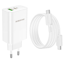 Заредете изображение във визуализатора на галерията – Borofone Wall charger BN10 Sunlight - USB + Type C - QC 3.0 PD 65W with Type C to Type C cable white
