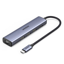 Заредете изображение във визуализатора на галерията – Ugreen adapter converter HUB 5in1 USB C - 3x USB 3.0 / HDMI / RJ45 gray (CM475)

