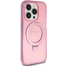 Заредете изображение във визуализатора на галерията – Original faceplate case GUESS GUHMP15XHRSGSP for iPhone 15 Pro Max (Magsafe / Glitter Script Logo / Ring stand / pink)
