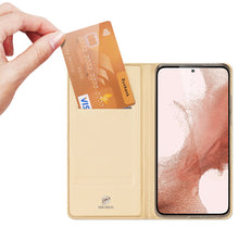 Заредете изображение във визуализатора на галерията – Dux Ducis Skin Pro Case for Samsung Galaxy S23+ Flip Card Wallet Stand Gold
