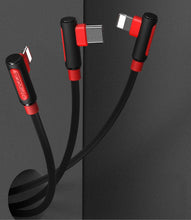 Заредете изображение във визуализатора на галерията – Proda Sparta angled 3in1 USB cable - 2x Lightning / USB Type C 5A 1m black (PD-B11th black) - TopMag
