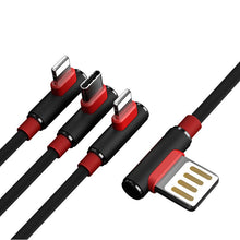 Заредете изображение във визуализатора на галерията – Proda Sparta angled 3in1 USB cable - 2x Lightning / USB Type C 5A 1m black (PD-B11th black) - TopMag
