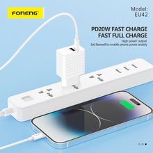 Заредете изображение във визуализатора на галерията – Foneng Wall charger EU42 GaN - USB + Type C - PD 20W 3A with Type C to Type C cable white
