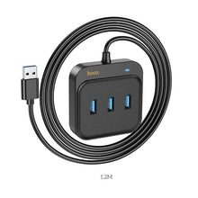 Заредете изображение във визуализатора на галерията – HOCO adapter HUB 4in1 USB to USB3.0*3+RJ45 Gigabit Ethernet 1,2m HB35 black

