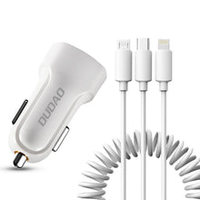 Заредете изображение във визуализатора на галерията – Dudao car kit charger 2x USB 2.4A + cable USB 3in1 Lightning / Type C / micro USB cable white (R7 white) - TopMag
