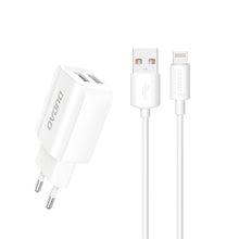 Заредете изображение във визуализатора на галерията – Dudao EU wall charger 2x USB 5V / 2.4A + Lightning cable white (A2EU + Lightning white) - TopMag
