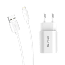 Заредете изображение във визуализатора на галерията – Dudao EU wall charger 2x USB 5V / 2.4A + Lightning cable white (A2EU + Lightning white) - TopMag
