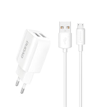 Заредете изображение във визуализатора на галерията – Dudao EU wall charger 2x USB 5V / 2.4A + micro USB cable white (A2EU + Micro white) - TopMag
