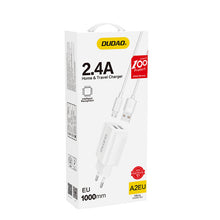 Заредете изображение във визуализатора на галерията – Dudao EU wall charger 2x USB 5V / 2.4A + micro USB cable white (A2EU + Micro white) - TopMag
