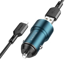 Заредете изображение във визуализатора на галерията – Borofone Car charger BZ19 Wisdom - 2xUSB - 12W with USB to Lightning cable blue
