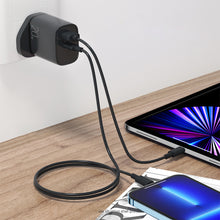 Заредете изображение във визуализатора на галерията – Joyroom fast UK wall charger USB Type C + USB 20W PD QC3.0 black (L-QP2011) + USB Type C - Lightning cable 1m (S-M006)
