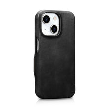 Заредете изображение във визуализатора на галерията – MagSafe Compatible Leather Flip Case for iPhone 15 iCarer Curved Edge Oil Wax Real Leather Folio Case - Black

