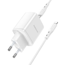 Заредете изображение във визуализатора на галерията – Borofone Wall charger BN9 Reacher - 2xType C - QC 3.0 PD 35W with Type C to Lightning cable white
