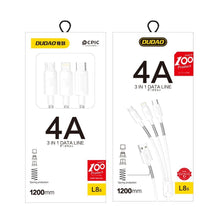 Заредете изображение във визуализатора на галерията – Dudao 3in1 USB cable - Lightning / USB Type C / micro USB 1.2m 4A white (L8s white) - TopMag
