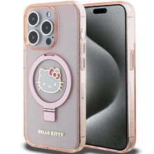 Заредете изображение във визуализатора на галерията – Hello Kitty Ring Stand Glitter Electrop Logo MagSafe Case for iPhone 15 Pro - Pink
