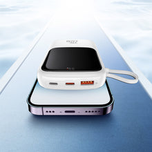 Заредете изображение във визуализатора на галерията – Baseus Qpow Digital Display Power Bank with Fast Charging 10000mAh 20W QC/PD/SCP/FCP with Built-in Lightning Cable White
