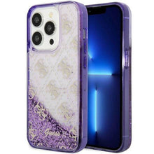 Заредете изображение във визуализатора на галерията – Original faceplate case GUESS GUHCP14LLC4PSGU for iPhone 14 PRO (Liquid Glitter 4G Translucent / purple)
