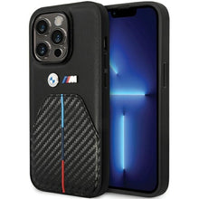 Заредете изображение във визуализатора на галерията – Original Case BMW Stamped Tricolor Stripe BMHCP14L22NSTB for Iphone 14 Pro Black

