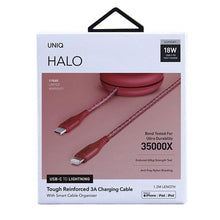 Заредете изображение във визуализатора на галерията – UNIQ kabel MFI Halo USB-C-Lightning 18W nylonowy zwijany 1,2m czerwony/carmine red - TopMag
