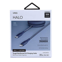 Заредете изображение във визуализатора на галерията – UNIQ kabel MFI Halo USB-C-Lightning 18W nylonowy zwijany 1.2m niebieski/marine blue - TopMag
