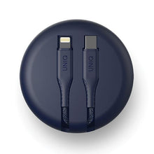 Заредете изображение във визуализатора на галерията – UNIQ kabel MFI Halo USB-C-Lightning 18W nylonowy zwijany 1.2m niebieski/marine blue - TopMag
