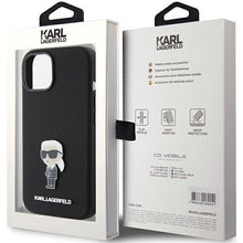 Заредете изображение във визуализатора на галерията – Karl Lagerfeld Silicone Ikonik Metal Pin case for iPhone 15 - black
