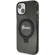 Заредете изображение във визуализатора на галерията – Original faceplate case GUESS GUHMP15MHRSGSK for iPhone 15 Plus (Magsafe / Glitter Script Logo / Ring stand / black)
