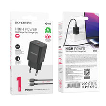 Заредете изображение във визуализатора на галерията – Borofone Wall charger BN13 Safety GaN - Type C - PD 30W with Type C to Lightning cable black
