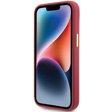 Заредете изображение във визуализатора на галерията – Guess Silicone Script Metal Logo &amp; Frame case for iPhone 15 - red
