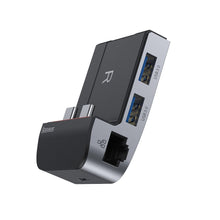 Заредете изображение във визуализатора на галерията – Baseus laptop stand multifunctional HUB USB Typ C - USB 3.0 / RJ45 / 3,5 mm mini jack / HDMI / USB Typ C / Thunderbolt 3 for MacBook Pro gray (CAHUB-AJ0G) - TopMag
