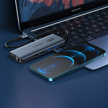 Заредете изображение във визуализатора на галерията – Choetech multifunctional HUB with display 12in1 USB-C to USB-C / USB-A / HDMI / VGA / AUX / SD / TF gray (HUB-M26)
