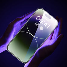 Заредете изображение във визуализатора на галерията – Baseus Full Screen Tempered Glass for iPhone 14 Pro with Anti Blue Light Filter and 0.3mm Speaker Cover + Mounting Frame
