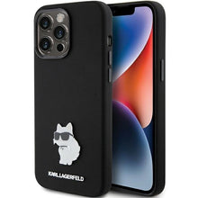 Заредете изображение във визуализатора на галерията – Karl Lagerfeld Silicone Choupette Metal Pin case for iPhone 15 Pro - black
