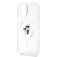 Заредете изображение във визуализатора на галерията – Karl Lagerfeld Karl&amp;Choupette Glitter MagSafe case for iPhone 15 - transparent
