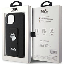 Заредете изображение във визуализатора на галерията – Karl Lagerfeld Gripstand Saffiano Choupette Pins Case for iPhone 15 Plus / 14 Plus - Black
