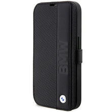 Заредете изображение във визуализатора на галерията – Case BMW BMBKP14X22RDPK iPhone 14 Pro Max 6.7" black/black bookcase Leather Textured&amp;Stripe
